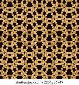 seamless vector pattern in the form of a grid of golden rings on a dark background for prints on fabrics, postcards, and for decorating rooms and scenes
