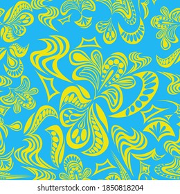 seamless vector pattern in the form of an ornament from abstract yellow leaves and feathers on a blue background