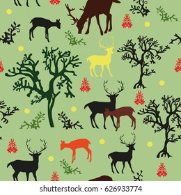 Seamless vector pattern forrest: with black, red, brown and yellow deers and black, green trees on green background