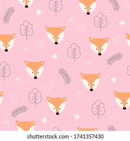 Seamless vector pattern of a Fox face in the forest on a pink background. Scandinavian style.