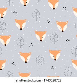Seamless vector pattern of a Fox face in the forest on a grey background. Scandinavian style.