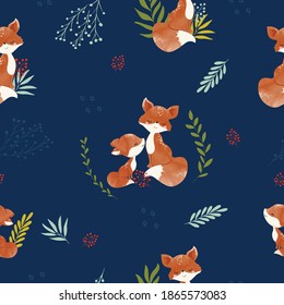 seamless vector pattern with fox family and flowers on dark blue background. Perfect for textile, wallpaper or print design