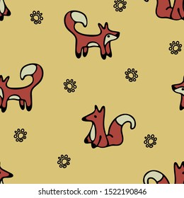 Seamless vector pattern with fox and flowers on light beige background. Simple animal wallpaper design for children. Hand drawn fashion textile.