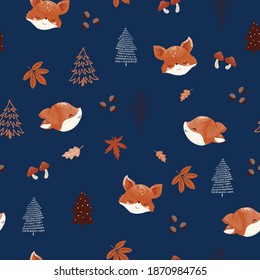 seamless vector pattern with fox portraits and autumn leaves on dark blue background, perfect for textile, wallpaper or print design