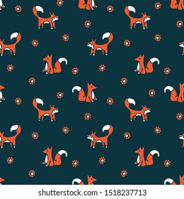 Seamless vector pattern with foxes on blue background. Cute animal wallpaper design for children. Hand drawn fashion textile.