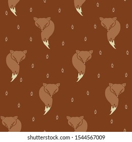 Seamless vector pattern with foxes on brown background. Simple animal wallpaper design. Decorative wildlife fashion textile.