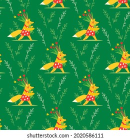 Seamless vector pattern with foxes on green background. Modern concept for fabric and paper, surface textures.