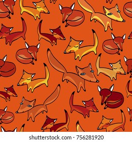 Seamless vector pattern with foxes on orange background