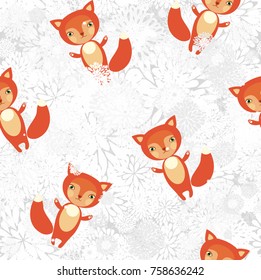 Seamless vector pattern with foxes on white snowy background