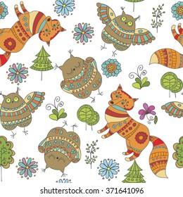 Seamless vector pattern with foxes, owls and trees