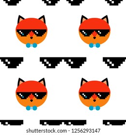 Seamless vector pattern with foxes in pixel glasses on white background. Cute cartoon. Can be used for wallpaper, textile, invitation card, wrapping, web page background.