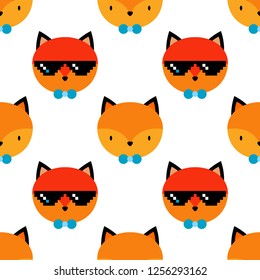 Seamless vector pattern with foxes in pixel glasses on white background. Cute cartoon. Can be used for wallpaper, textile, invitation card, wrapping, web page background.