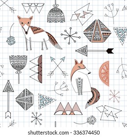 Seamless vector pattern with foxes surrounded by graphical geometric shapes and images on paper