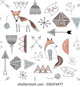 Seamless vector pattern with foxes surrounded by graphical geometric shapes and images