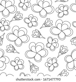 Seamless vector pattern of frangipani flowers. Black and white plumeria Illustration in doodle skandinavian style. Cute background for textile or cover print.