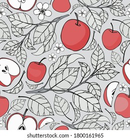 Seamless vector pattern with freehand apples and leaves.