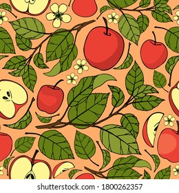 Seamless vector pattern with freehand apples and leaves.