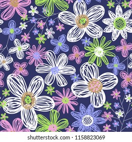 Seamless vector pattern with freehand. Colorful flowers and an abstract and seamless background.