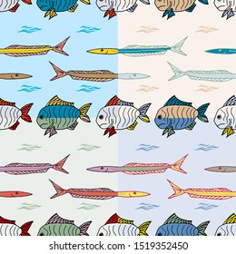 Seamless vector pattern freehand drawing on the marine theme with different types of fish