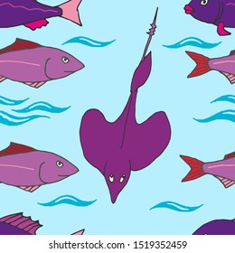 Seamless vector pattern freehand drawing on the marine theme with different types of fish