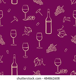 Seamless vector pattern with freehand drawings of wine glasses, grapes, bottle, corkscrew, cork, and vine leaf with tendril, light yellow on purple background