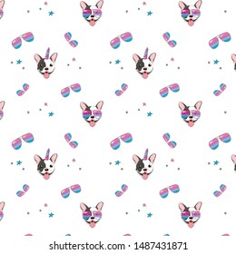 Seamless vector pattern with French bulldog with horn unicorn colorful and rainbow glasses on a white background. Texture for baby items, or for a party and so on.