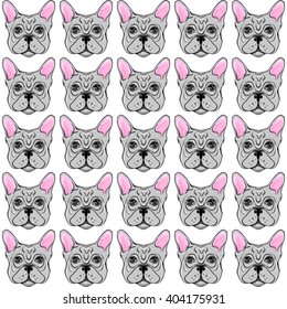 Seamless vector pattern with French Bulldog. Hipster repeat background with dogs. Fashionable print fabric. Creative design for wallpaper, wrapping paper, textile, notebook.