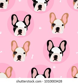 Seamless vector pattern with French Bulldogs on a pink background. For the design of textiles, web, fabric, paper.