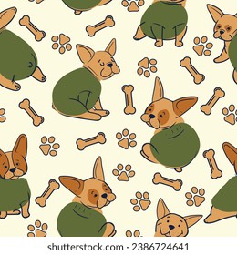 Seamless vector pattern of French bulldogs. This vibrant design is perfect for textiles, stationery, etc. Let the playfulness of bulldogs in cozy outfits bring joy and style to your creative projects