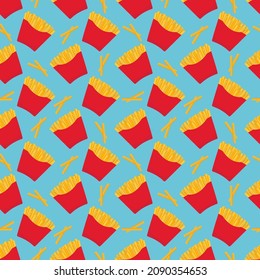 Seamless vector pattern of French fries. For printing, wrapping paper, advertising, restaurant menus, packaging, books, postcards, magazine covers, web pages, fabrics, textiles, grocery stores.