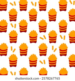 Seamless vector pattern of French fries. Seamless pattern with fried potatoes. French fries background. Potato pack box.  Fast food concept. Street food