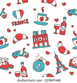 Seamless vector pattern of the French icons on a white background.