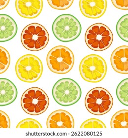 Padrão de vetor sem emenda com fatias de citros frescas — limão, laranja, limão e toranja. Estilo minimalista com contornos arrojados, perfeito para têxteis de cozinha, embalagens, designs de verão ou marca de suco.