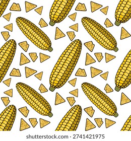 Seamless vector pattern of fresh corn cobs and crunchy tortilla chips