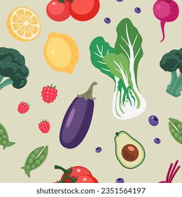 Seamless vector pattern of fresh fruits and vegetables. Organic farm produce. 