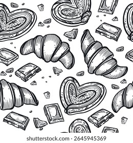 Padrão de vetor contínuo. Doces e doces frescos, pães, croissants, fatias de chocolate. Todos os objetos são desenhados à mão em vetor. Para impressão em embalagens, papel, toalhas.