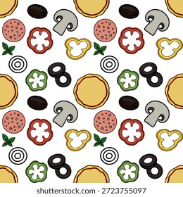 Seamless vector pattern of fresh pizza ingredients, including dough, pepperoni, olives, mushrooms, bell peppers, onion, and basil.