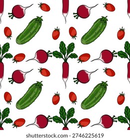 Seamless vector pattern of fresh radishes, cucumbers, and tomatoes with green leaves on white background.