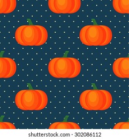 Seamless vector pattern with fresh ripe pumpkins on polka dots dark blue background. Autumn concept illustration.