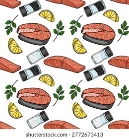 Seamless vector pattern of fresh salmon steaks, lemon slices, parsley sprigs, and salt and pepper grinders