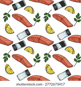 Seamless vector pattern of fresh salmon fillets, lemon slices, parsley sprigs, salt and pepper shakers, perfect for culinary designs.