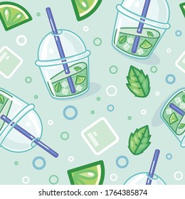 Seamless vector pattern of fresh summer drinks, cocktails and lemonade for wallpapers kitchen cafe or restaurant