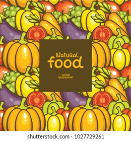 Seamless vector pattern with fresh vegetables. Template for label with place for your text. Natural food illustration. Organic nutrition. Design for packaging, menu, kitchen textile.