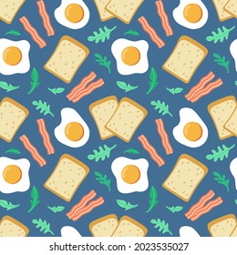 Seamless vector pattern with fried eggs, toast, bacon and arugula. Colored breakfast background for decoration, packaging, web design, etc.