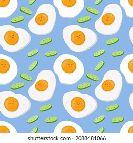 Seamless vector pattern of fried eggs and cucumbers. For printing, wrapping paper, restaurant menus, packaging, magazines, books, postcards, menu covers, web pages, fabrics, textiles, grocery stores.