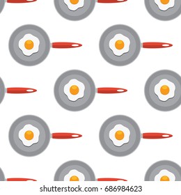 Seamless Vector pattern with fried eggs on a frying pan. Flat and solid color vector illustration