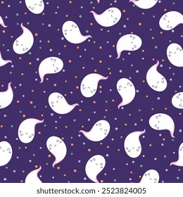Seamless vector pattern with friendly ghosts and confetti. Fun Halloween theme texture. Cute hand drawn background for wrapping paper, textile, card, print, gift, fabric, wallpaper, packaging, apparel