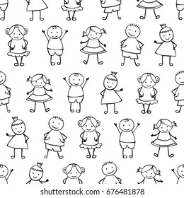 Seamless vector pattern - friends. Boys and girls. Little linear people in the children's style