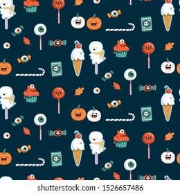 Seamless vector pattern with frightening sweets and cute Halloween attributes.