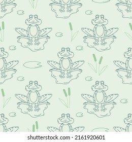 Seamless vector pattern with frog in the lake. Line objects. Green palette. Cute hand drawn background for kids room decor, nursery art, wrapping paper, fabric, gift, packaging, textile, wallpaper.